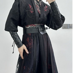 2025新款汉服男女霸气侠客飒刺绣黑红长裙褙子日常古风cp套装
