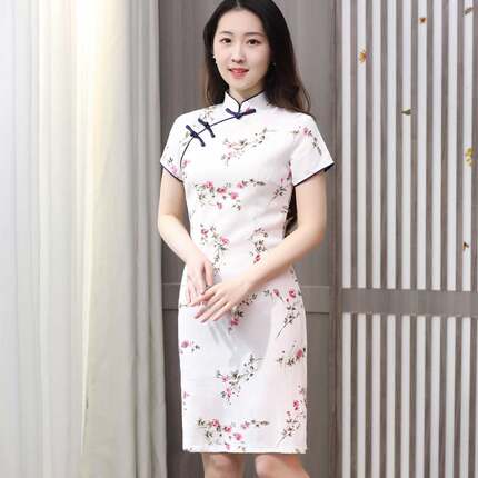 2023新款复古改良少女文艺学生大码印花日常短款棉麻旗袍连衣裙女