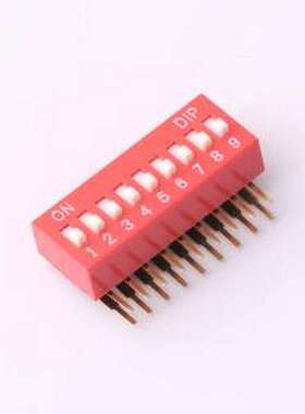DT-09HT 拨码开关 2.54mm间距 9位 琴键式 90度弯插侧拨凸柄 红色