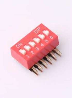 DT-06HT 拨码开关 2.54mm间距 6位 琴键式 90度弯插侧拨凸柄 红色
