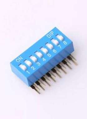 DT-08LT 拨码开关 2.54mm间距 8位 琴键式 90度弯插侧拨凸柄 蓝色