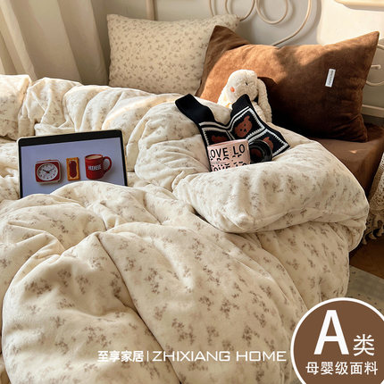 A类中古碎花牛奶绒四件套冬季加厚双面珊瑚绒床单被套宿舍三件套4