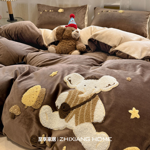 A类冬季牛奶绒四件套2025新款双面加厚珊瑚绒被套床单宿舍三件套4