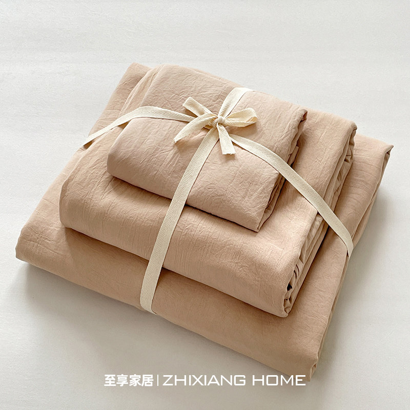 ins极简素色纯色床上四件套超柔褶皱床单床笠床品宿舍单人三件套