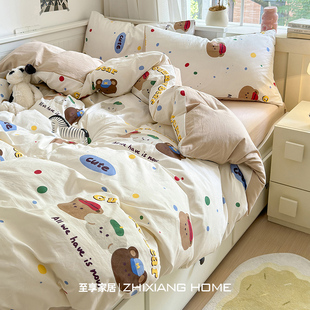 ins四件套卡通小熊水洗棉床单被套床笠款 纯棉宿舍三件套床上用品4