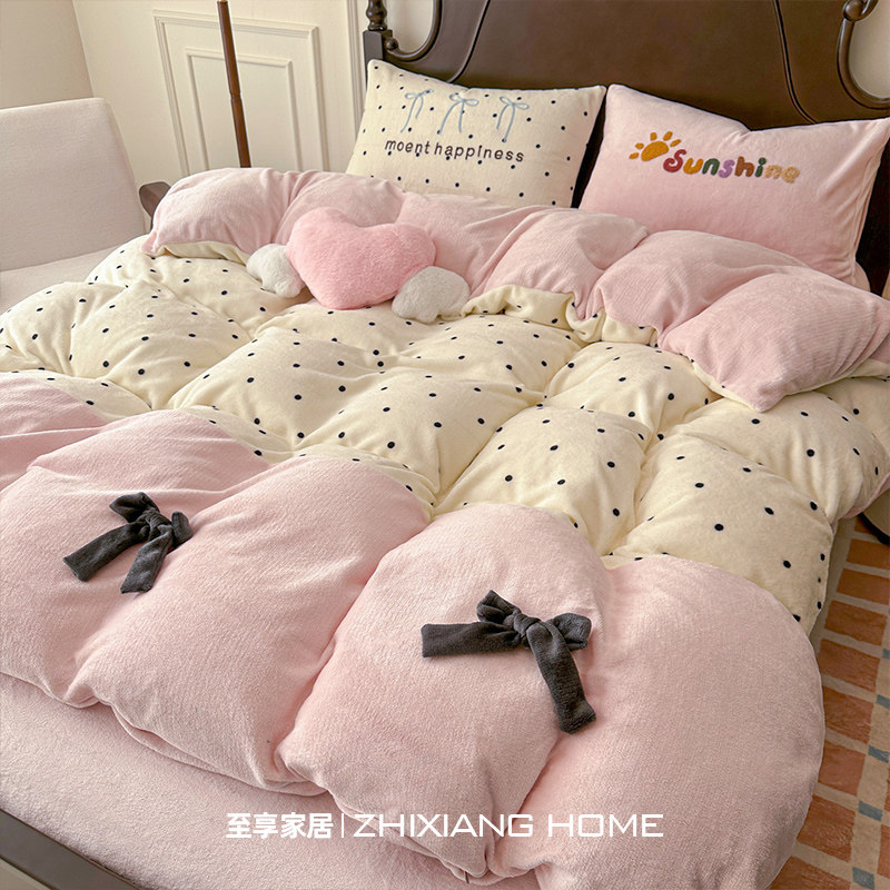 法式立体蝴蝶结加厚牛奶绒四件套