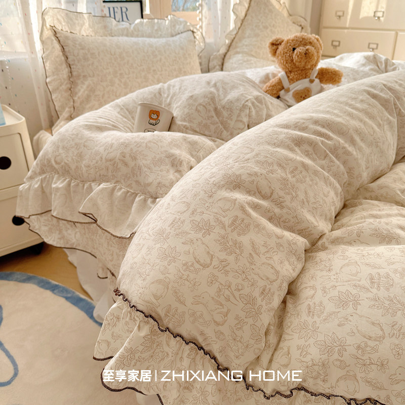 法式复古花边水洗棉床上四件套荷叶边床裙被套罩宿舍床单人三件套