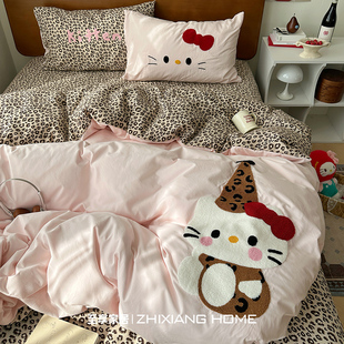 少女ins豹纹猫咪床上四件套2026新款 毛巾绣被套罩宿舍床单三件套4