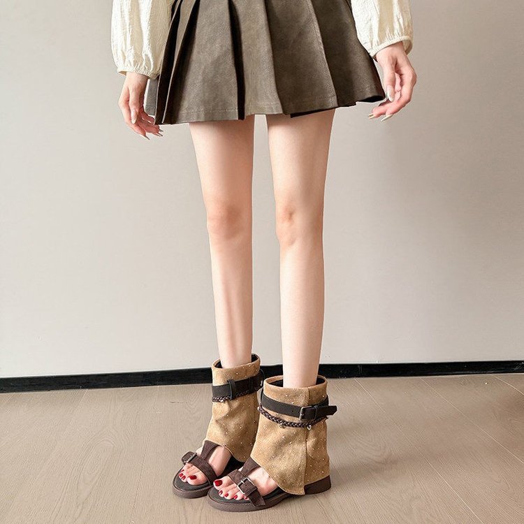 厚底裤管凉靴女款2026新款夏季小个子内增高罗马凉鞋皮带扣短靴子
