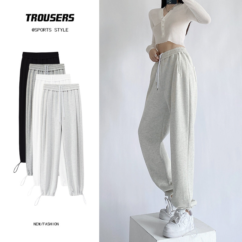 白灰色运动裤女春秋冬季2022宽松束脚ins潮休闲阔腿裤子加绒卫裤