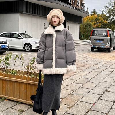 保暖加倍原创撞色羊羔毛拼接短款宽松休闲90白鸭绒羽绒服外套上衣