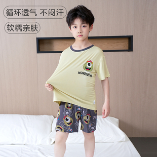 卡通休闲服 套装 儿童睡衣男孩夏莫代尔薄款 男童空调服女童短袖