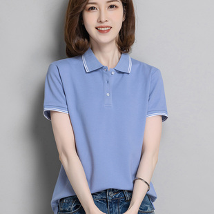 宽松大码 纯棉短袖 新款 polo衫 翻领t恤工作服百搭有领衣服 女夏装