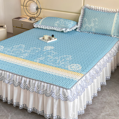 夏天公主风乳胶凉席三件套可机洗2025新款冰丝席床裙款凉感软席子