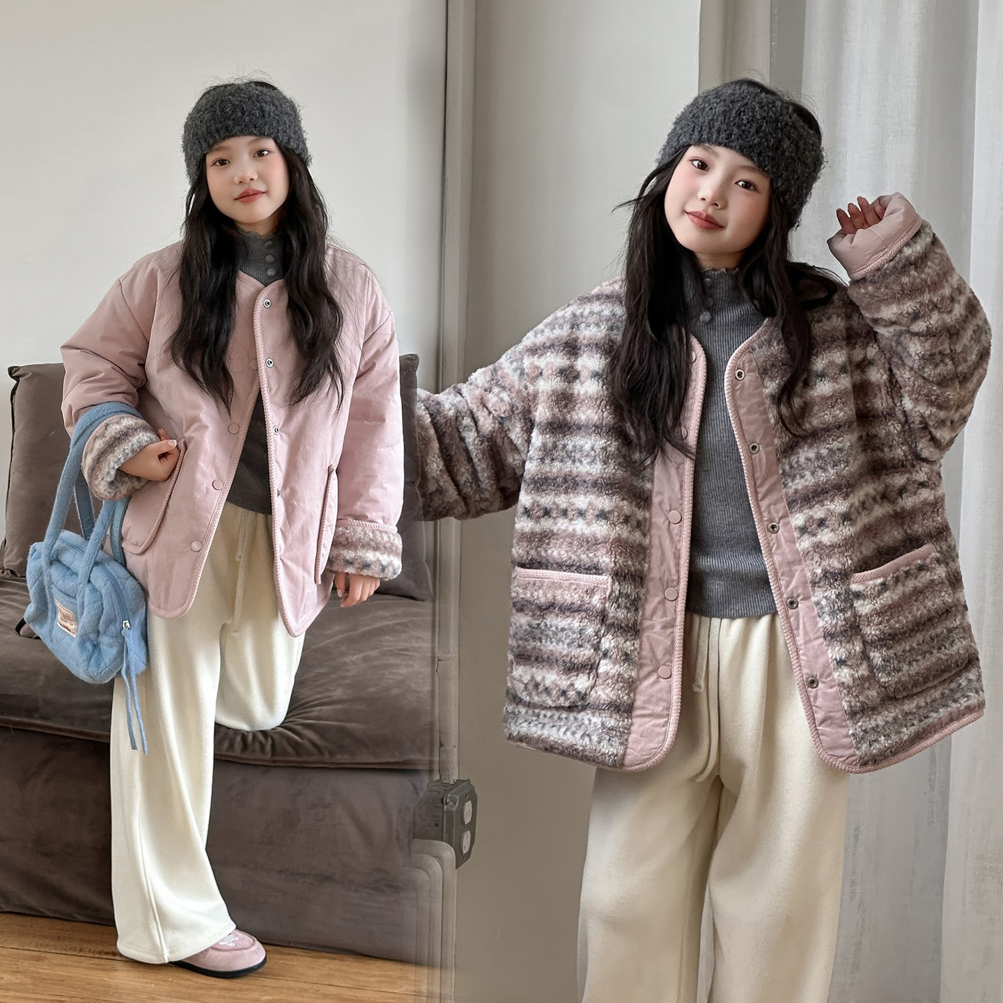 2025冬季新款费尔岛提花双面穿韩版夹棉加厚羊羔毛女童外套