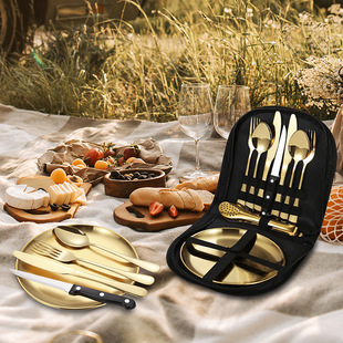 便携刀叉勺盘子牛排夹套装 露营野餐两人餐具包户外不锈钢餐具套装