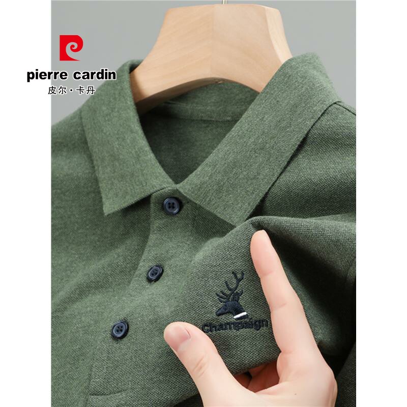 皮尔卡丹100%纯棉长袖polo衫t恤男夏装衣服高档纯色翻领正品体恤