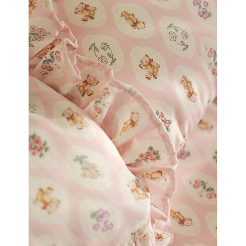 MLG丨花熊日记卡通趣味纯棉双层纱布花边枕可爱床单床笠枕套被套