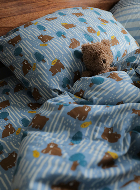 摸鱼熊蓝色卡通可爱动物宿舍纯棉双层纱床单被套被罩床笠枕套1.2m