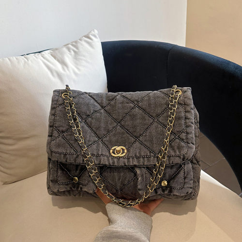 lv5&vv20复古牛仔布包包女时尚通勤大容量单肩腋下包斜挎包公文包