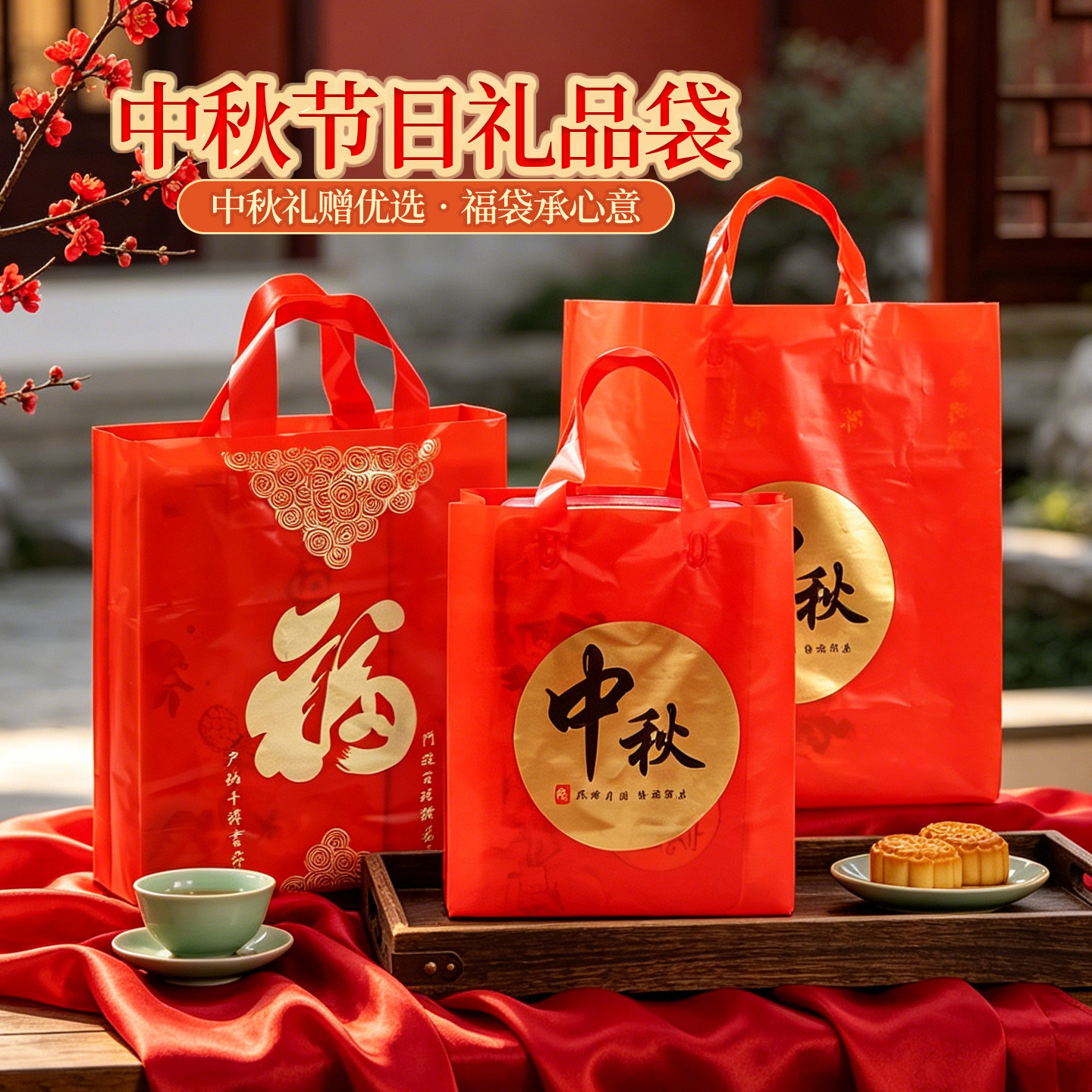 中式红色福字手提袋中秋礼品袋月饼礼盒包装袋商超节日送礼塑料袋