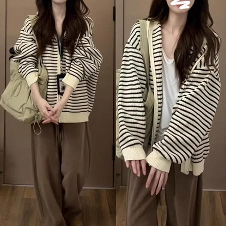 杏色连帽条纹针织开衫女秋冬新款韩版宽松慵懒风外穿毛衣上衣外套