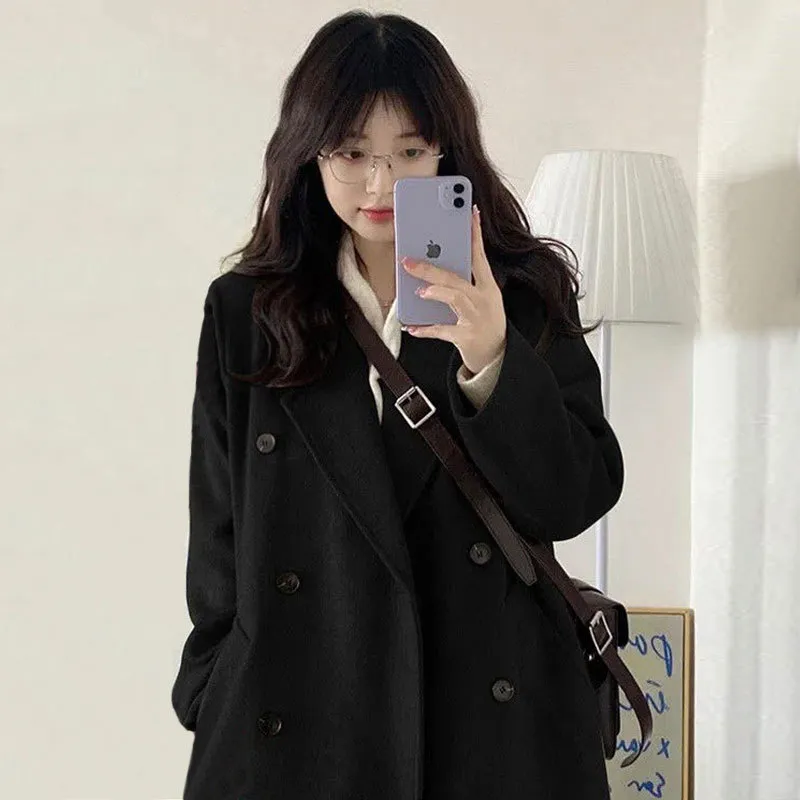 黑色毛呢外套女赫本风呢子大衣小毛呢外套