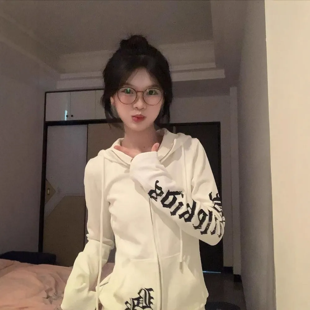 美式高街哥特风白色连帽卫衣外套女秋季2025新款修身收腰拉链开衫