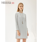 JessicaRED小方格纹圆领长袖 连衣裙遮肚子女8176