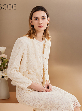 EPISODE年夏新品法式小香风经典圆领箱型睫毛边女士蕾丝短外套