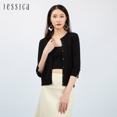 JESSICA春季新品精致百搭纯色圆领闪钻纽扣装饰 九分袖针织衫