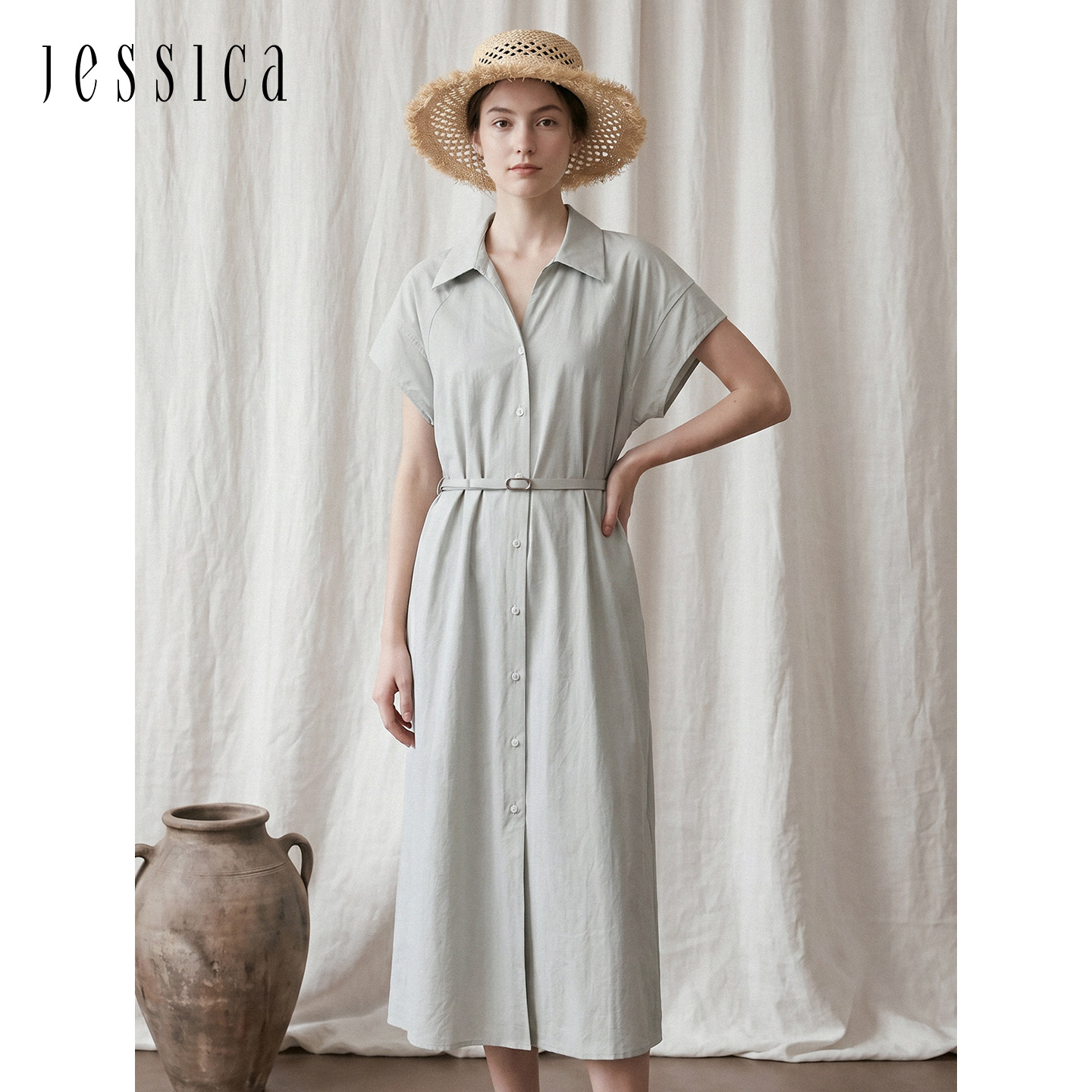 JESSICA春夏新品单排扣腰带收腰宽松显瘦翻领衬衫式连衣裙