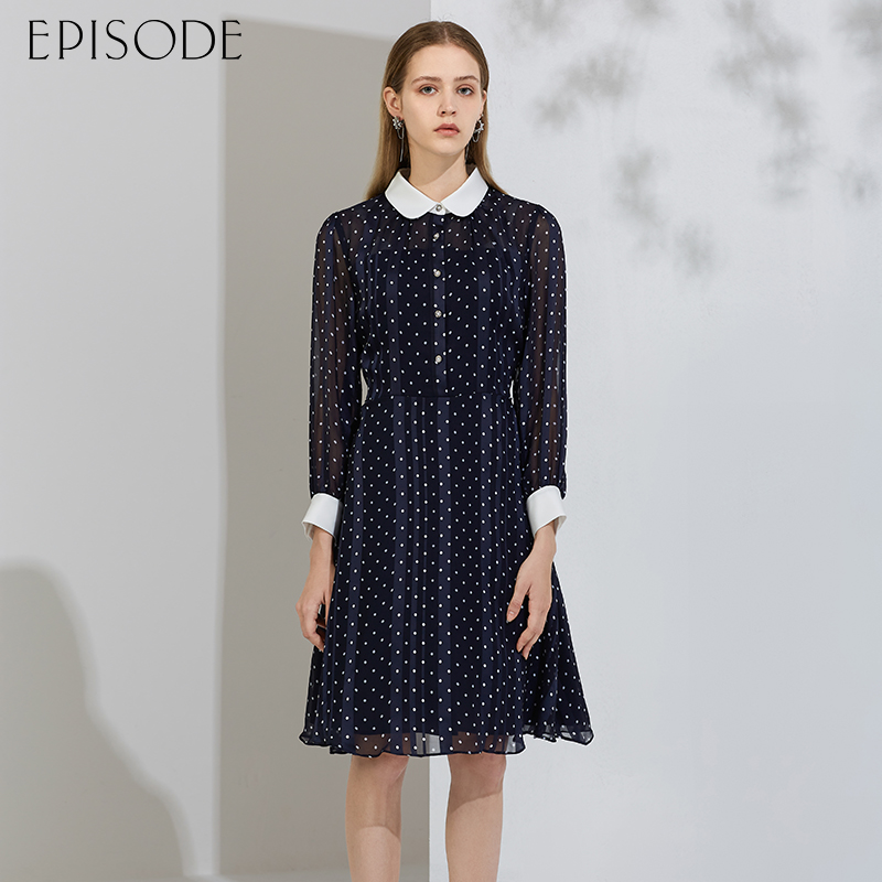 EPISODE春新复古高腰法式波点雪纺连衣裙女翻领中长款衬衫裙子