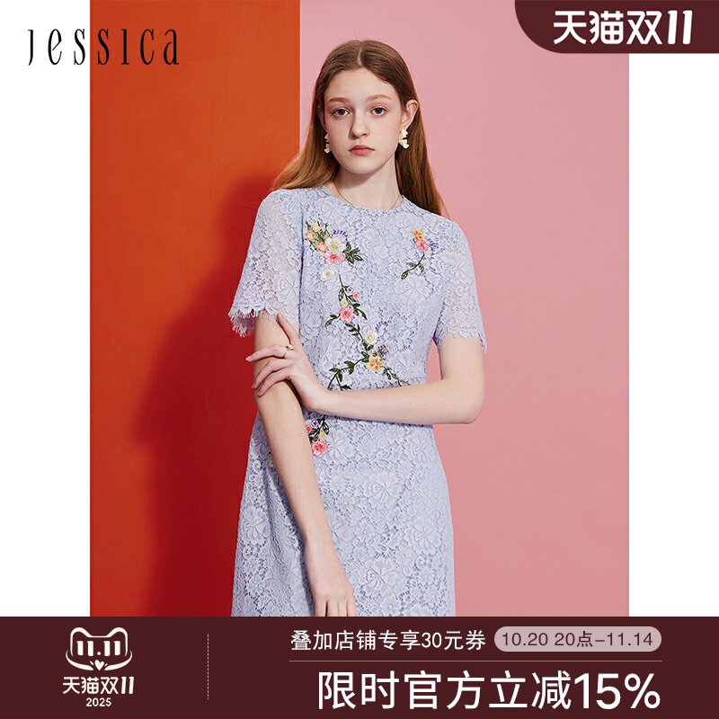 杰西卡年夏季新品优雅重工蕾丝高腰修身圆领绣花女士短袖连衣裙