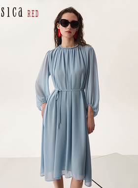 Jessica RED2025年春夏新款优雅纯色雪纺灯笼袖长款连衣裙