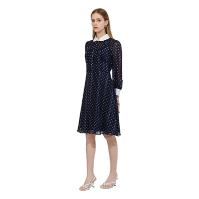 EPISODE春新复古高腰法式波点雪纺连衣裙女翻领中长款衬衫裙子