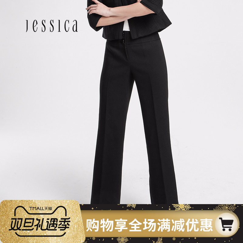 推荐JESSICA杰西卡黑色阔腿女裤长裤好版型修腿型显瘦高腰双扣OL