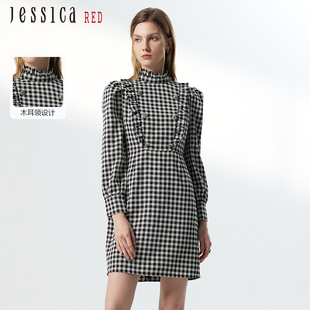 JessicaRED新气质收腰复古格纹立领木耳边女连衣裙817H