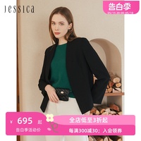 JESSICA新品极简V领立体型廓收腰修身女士长袖通勤短外套