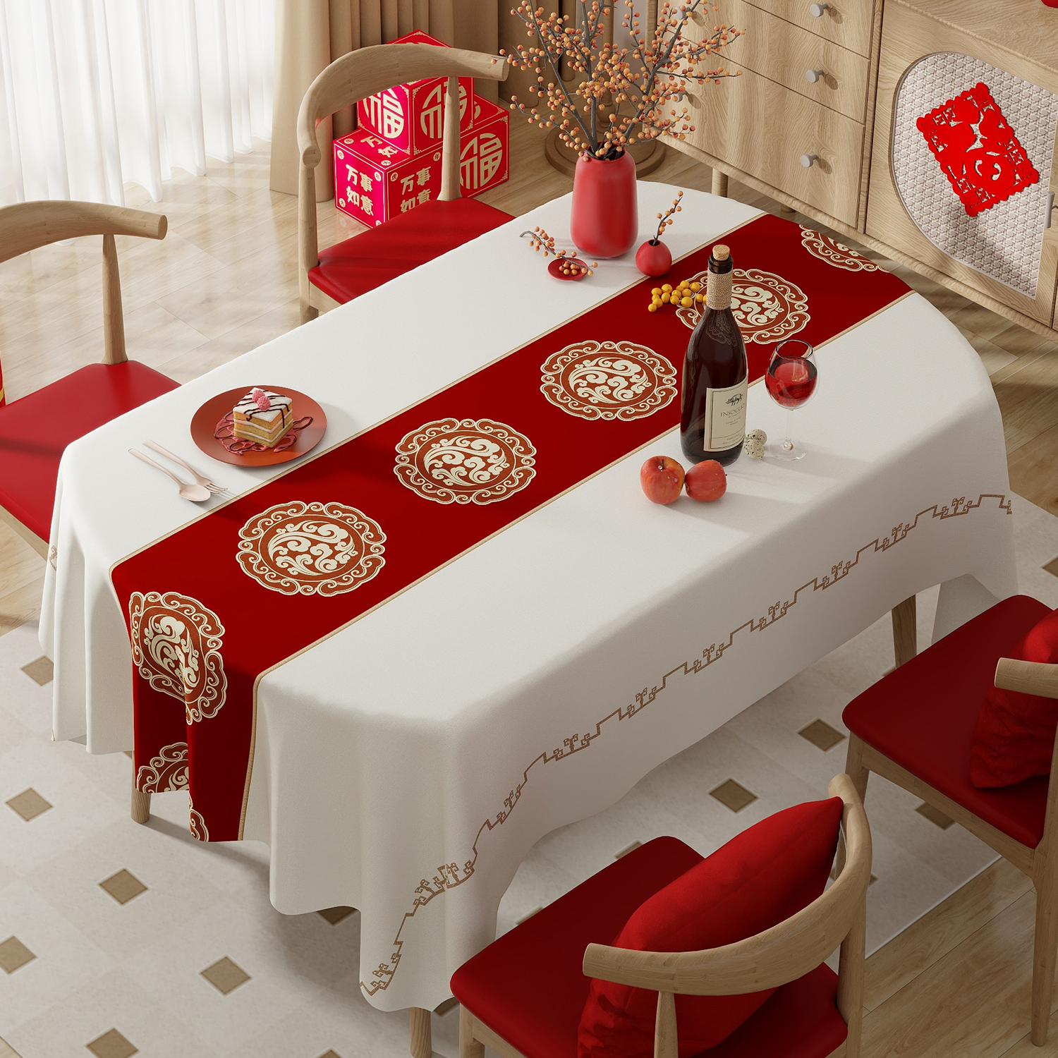 2024新年桌布防水防油免洗防烫红色喜庆餐桌氛围感台布茶几装饰
