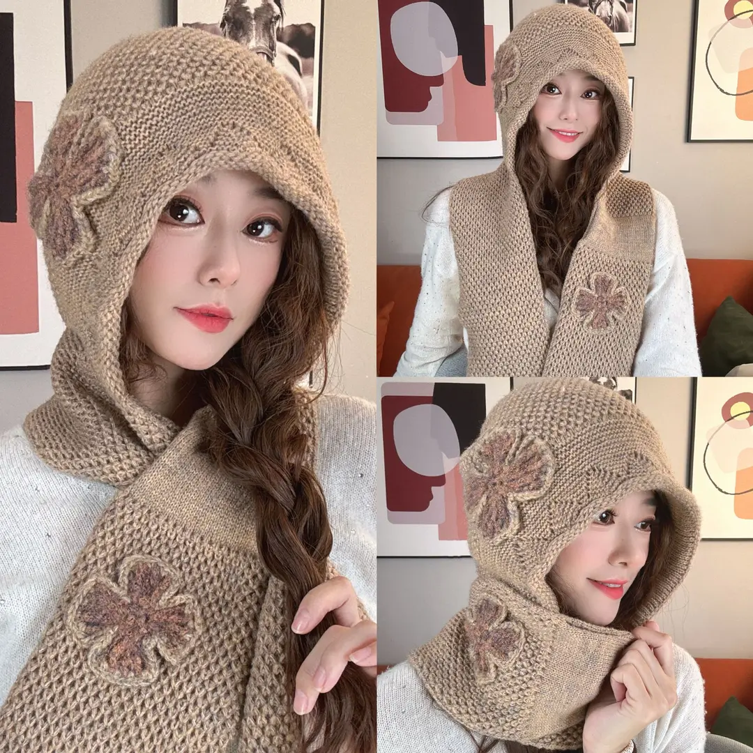 2025冬季羊毛混纺针织保暖加厚防风女士防寒帽子围巾连体保暖帽