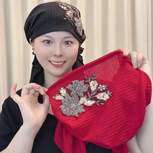 高端飘带帽子女树叶花朵秋冬新款遮白发保暖帽