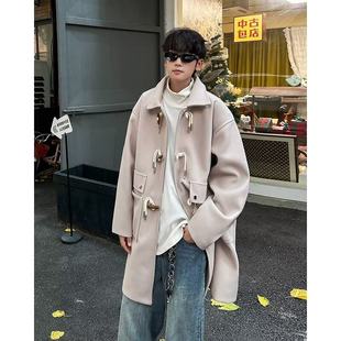 秋冬牛角扣连帽毛呢大衣男生学院风加棉加厚中长款过膝呢子外套潮