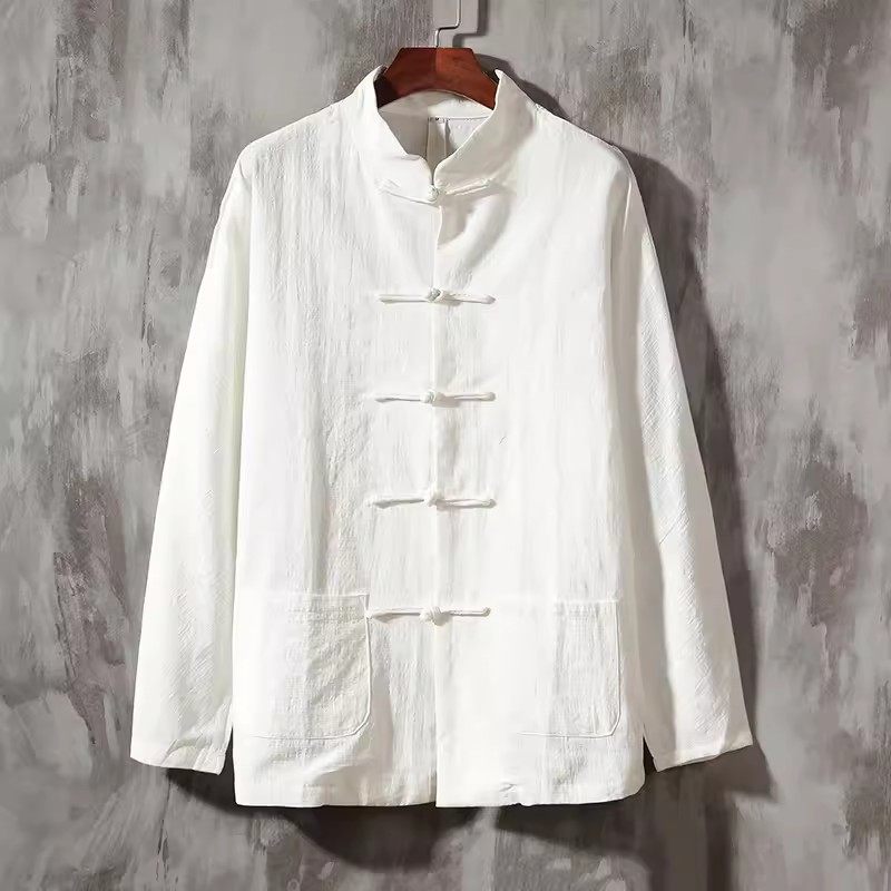 中国风秋季男复古立领亚麻衬衫上衣中式唐装棉麻茶服白色盘扣衬衣