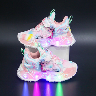 晋江女童鞋带灯运动鞋网面亮晶晶2025早秋透气卡通公主新款跑步鞋