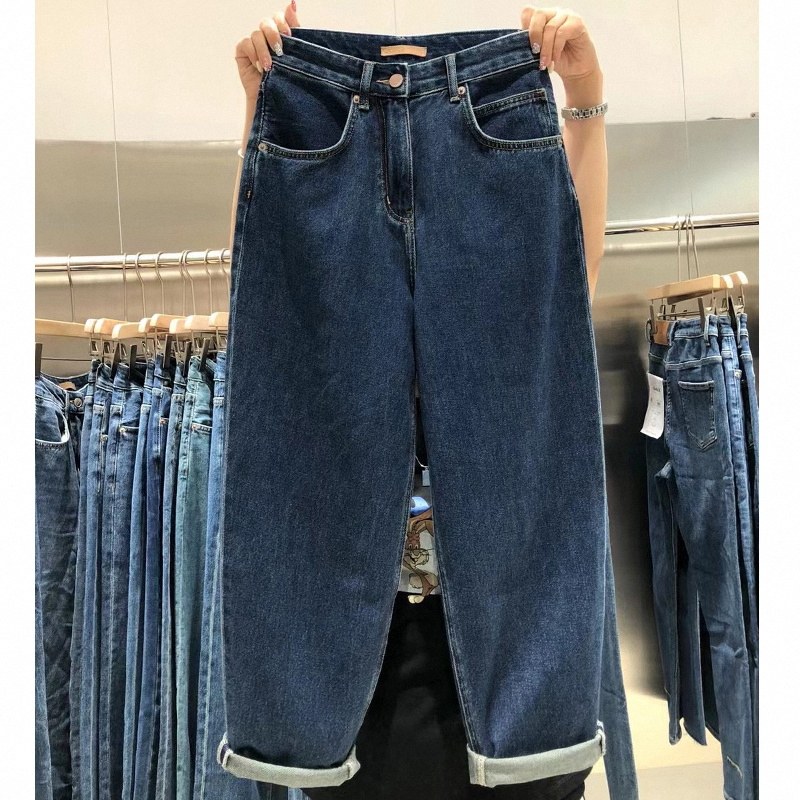 深蓝色牛仔裤女春秋欧货大尺码梨形身材阔腿胖mm高腰卷边哈伦老爹