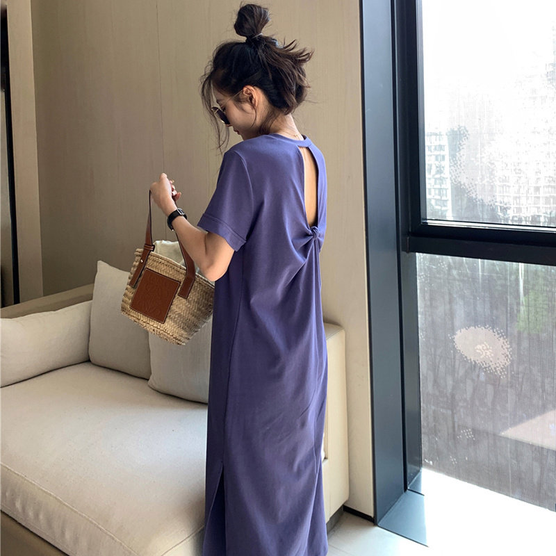 小心机露背洋装女夏季欧货爆款休闲过膝脚踝长版开叉懒人T恤裙