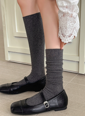 灰色小腿袜子女长筒袜春秋纯棉ins潮miu系竖条纹堆堆袜及膝长袜子