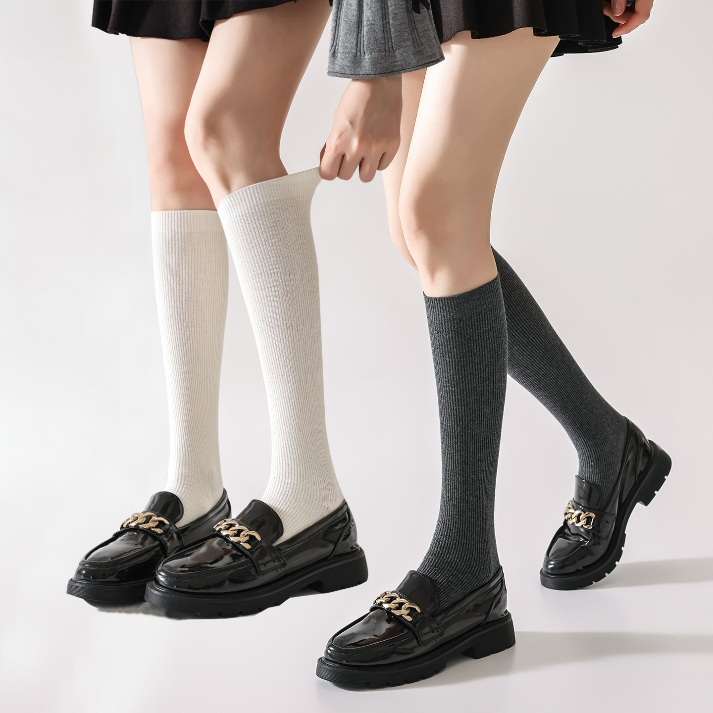 纯色简约miu竖纹白色小腿袜子女