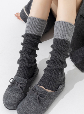 拼色灰色针织袜套袜堆堆袜子女秋冬y2k小腿袜配小皮鞋JK长筒袜夏
